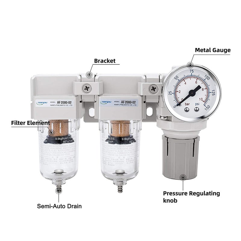 NANPU DFR-02 1/4" NPT Air Drying System - Double Air Filters, Air Pressure Regulator Combo - Semi-Auto Drain, Poly Bowl - Image 3